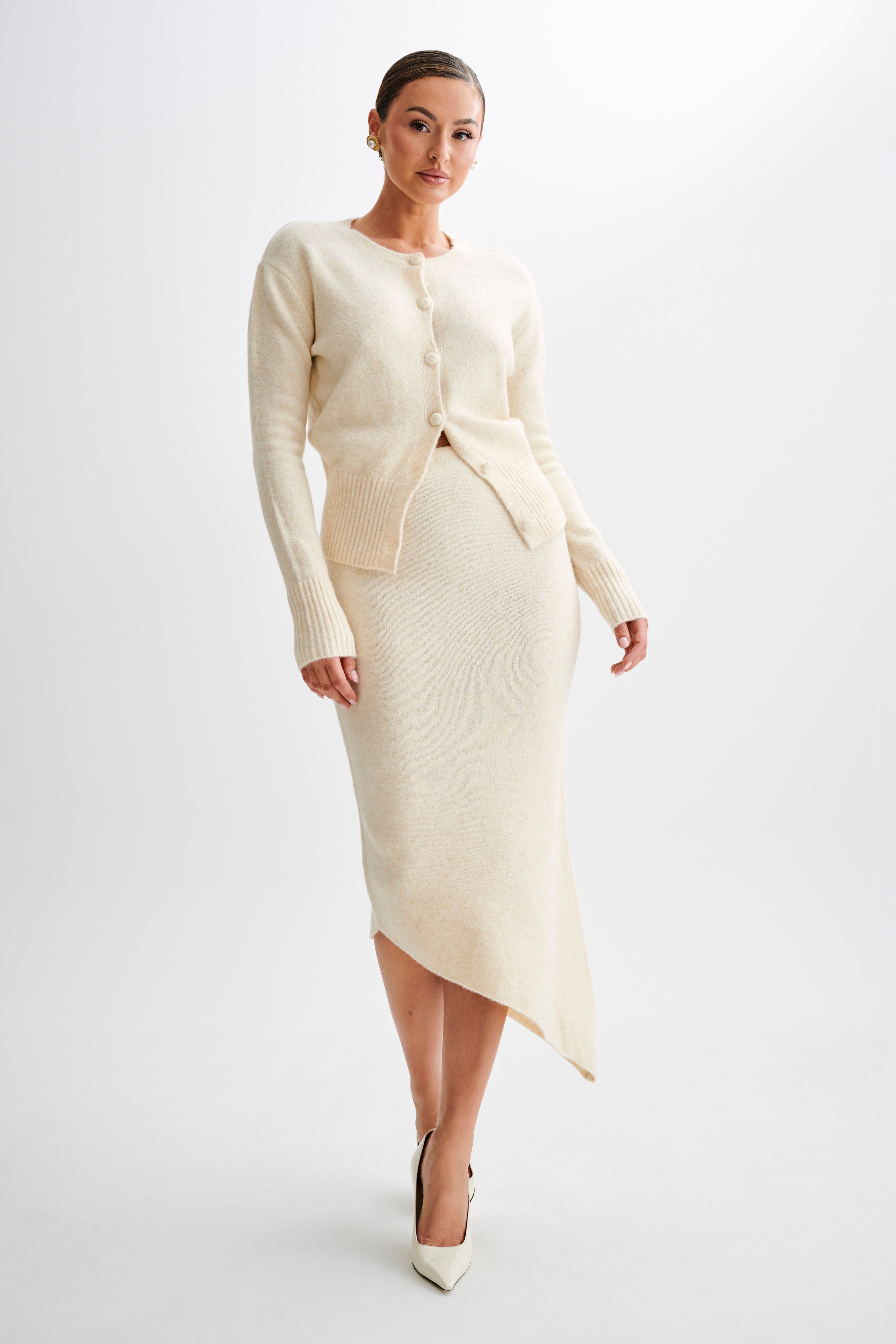 Genevieve Asymmetrical Knit Midi Skirt - Cream Marle-My Chic Way.All Rights Reserved