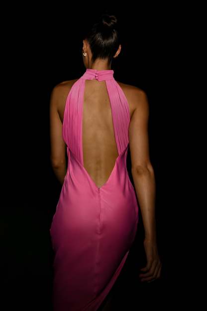 Claire Satin Drape Back Maxi Dress with Split - Pink-My Chic Way.All Rights Reserved