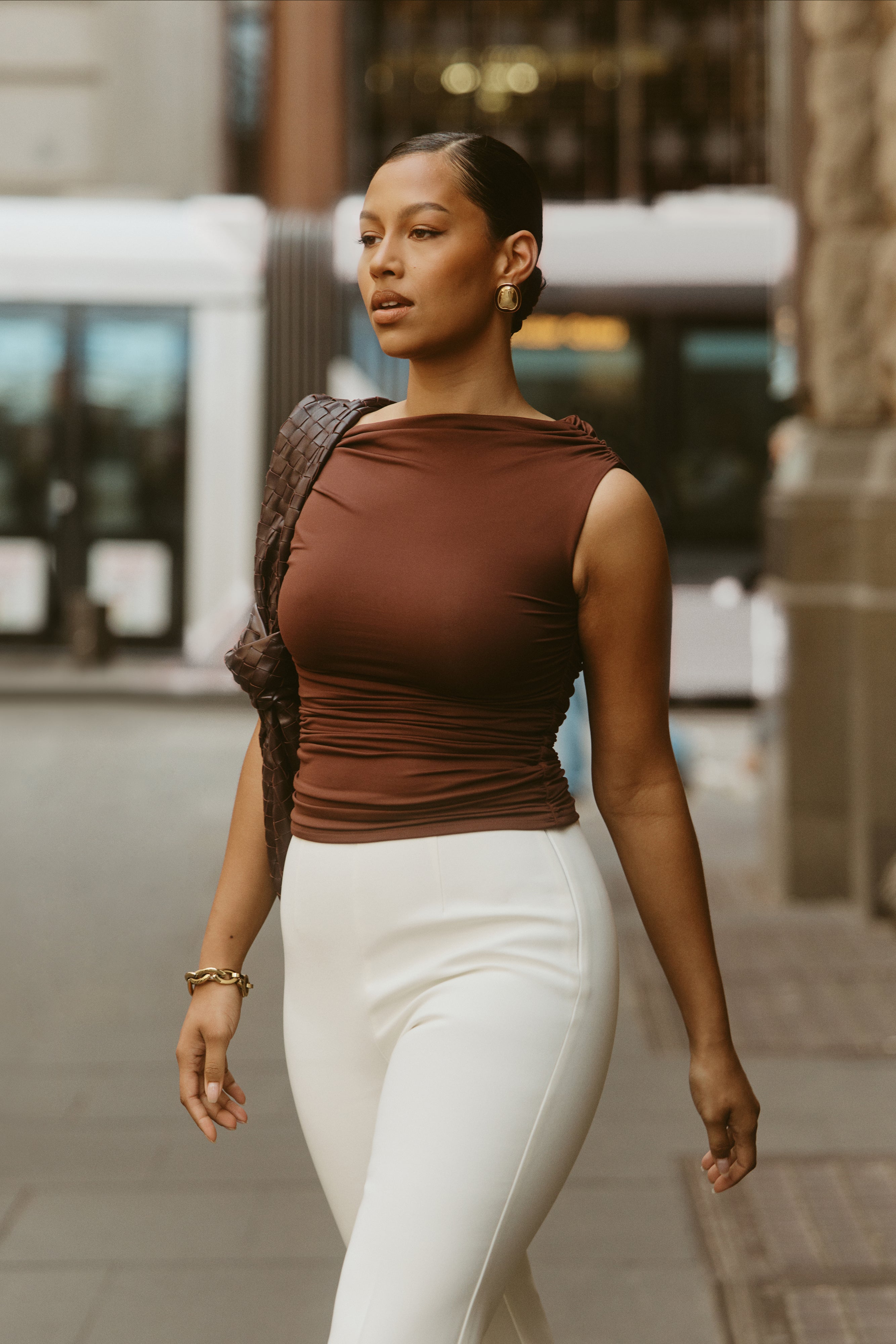 Alayna Recycled Nylon Ruched Top - Chocolate-My Chic Way.All Rights Reserved