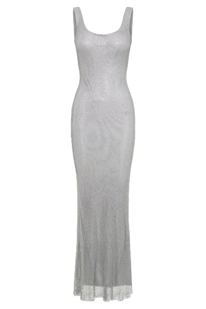 Annika Diamante Mesh Maxi Dress - Silver-My Chic Way.All Rights Reserved