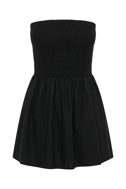 Holland Linen Shirring Mini Dress - Black-My Chic Way.All Rights Reserved
