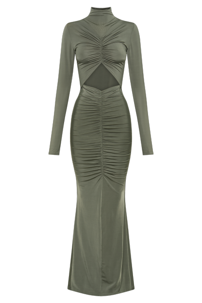 Pia Slinky Long Sleeve Cutout Maxi Dress - Military Olive-My Chic Way.All Rights Reserved