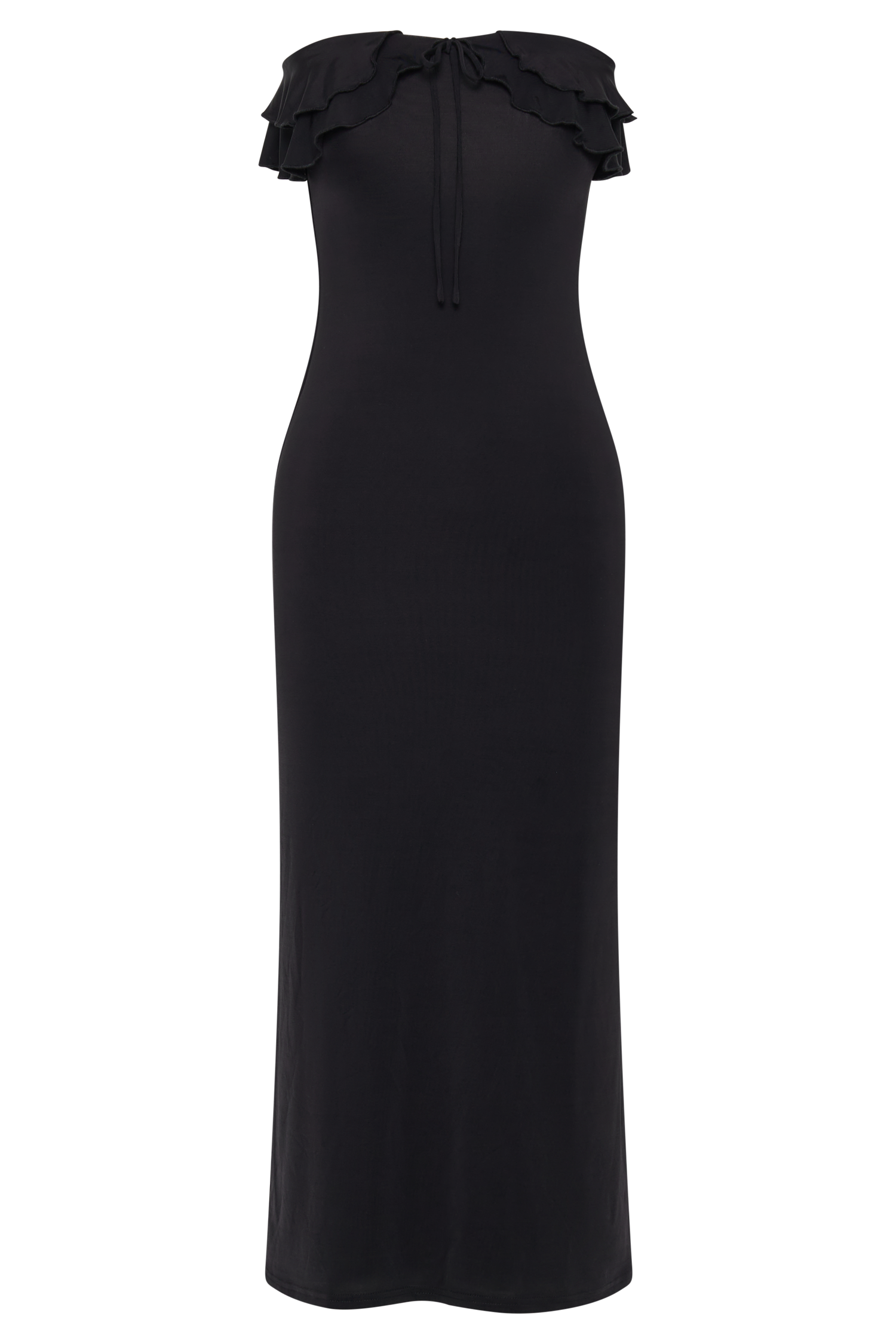 Bea Strapless Slinky Ruffle Midi Dress - Black-My Chic Way.All Rights Reserved