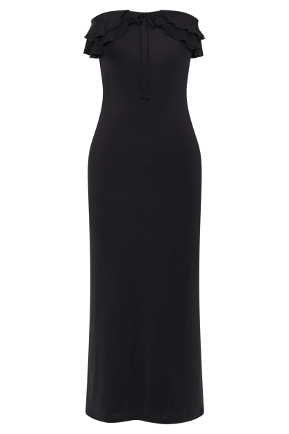 Bea Strapless Slinky Ruffle Midi Dress - Black-My Chic Way.All Rights Reserved