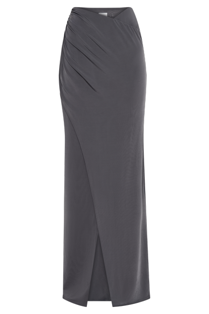 Bronwyn Slinky Ruched Maxi Skirt With Split - Charcoal-My Chic Way.All Rights Reserved
