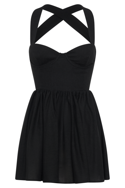 Loz Tie Back Linen Mini Dress - Black-My Chic Way.All Rights Reserved