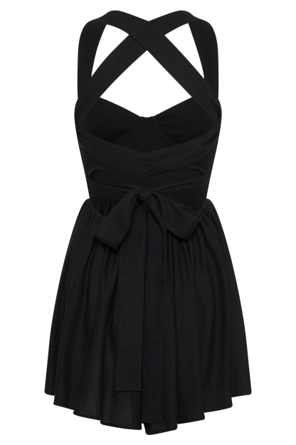 Loz Tie Back Linen Mini Dress - Black-My Chic Way.All Rights Reserved