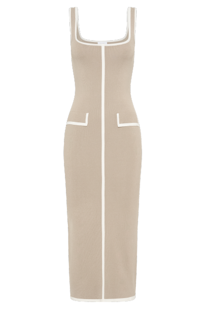 Eimear Contrast Knit Midi Dress - Taupe & Ivory-My Chic Way.All Rights Reserved