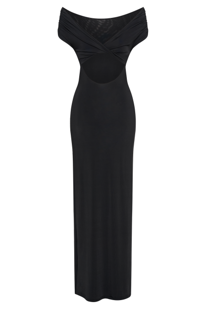 Imogen Off Shoulder Slinky Maxi Dress - Black-My Chic Way.All Rights Reserved