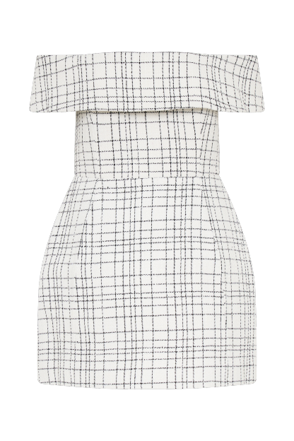 Helena Tweed Off Shoulder Mini Dress - White Check-My Chic Way.All Rights Reserved
