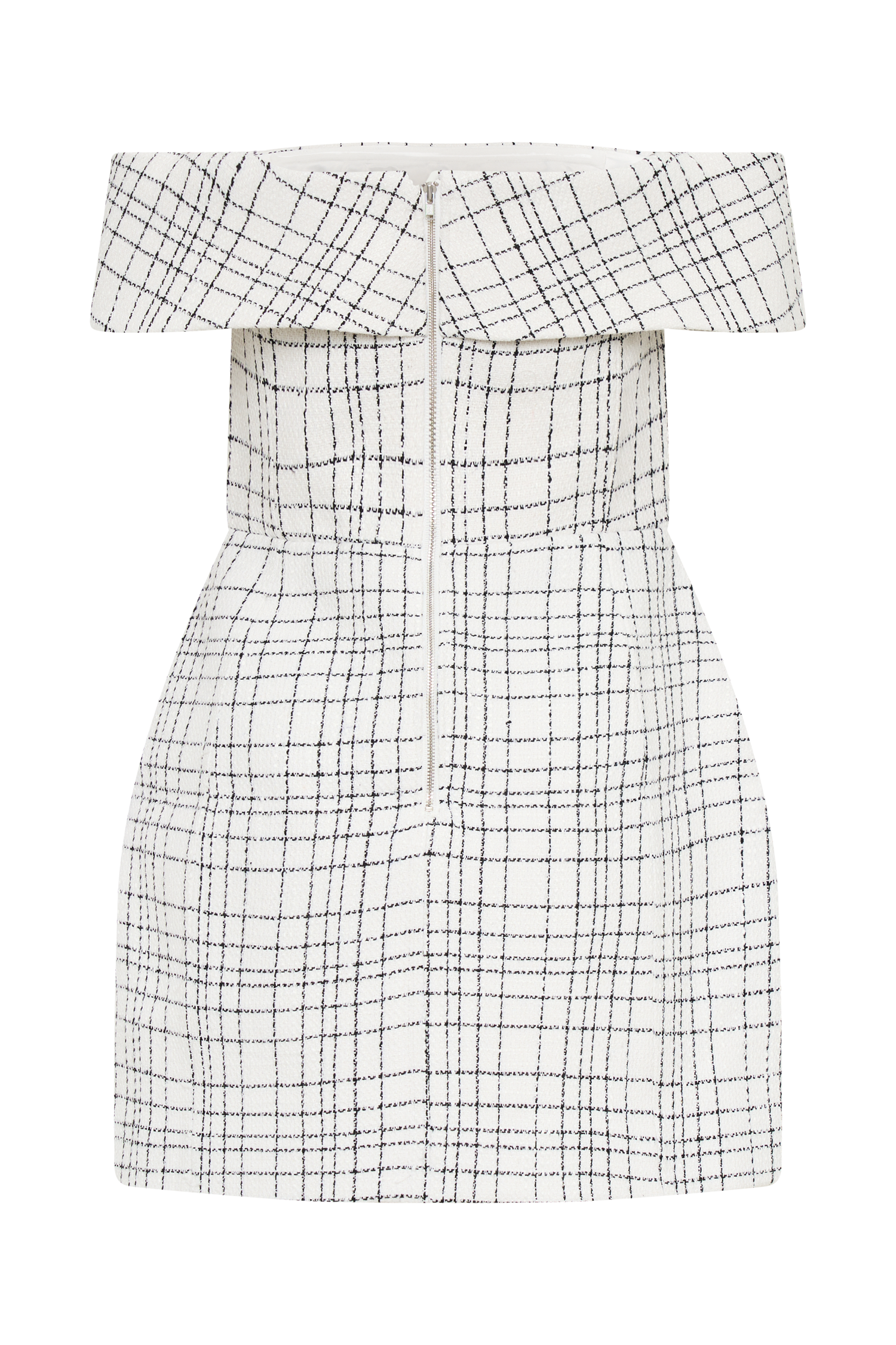 Helena Tweed Off Shoulder Mini Dress - White Check-My Chic Way.All Rights Reserved