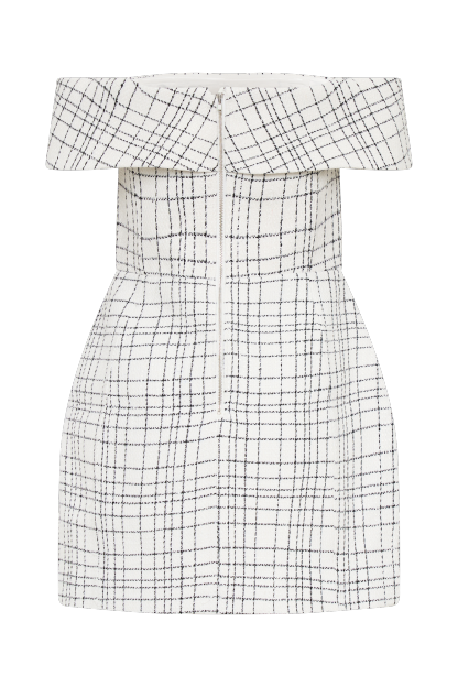 Helena Tweed Off Shoulder Mini Dress - White Check-My Chic Way.All Rights Reserved