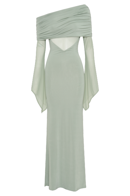 Kaitlin One Shoulder Slinky And Mesh Maxi Dress - Basil-My Chic Way.All Rights Reserved
