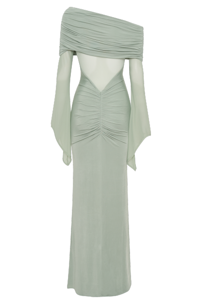 Kaitlin One Shoulder Slinky And Mesh Maxi Dress - Basil-My Chic Way.All Rights Reserved