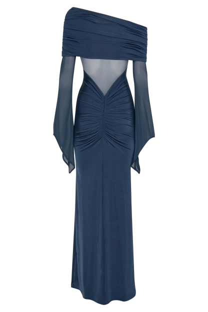 Kaitlin One Shoulder Slinky And Mesh Maxi Dress - Midnight Blue-My Chic Way.All Rights Reserved