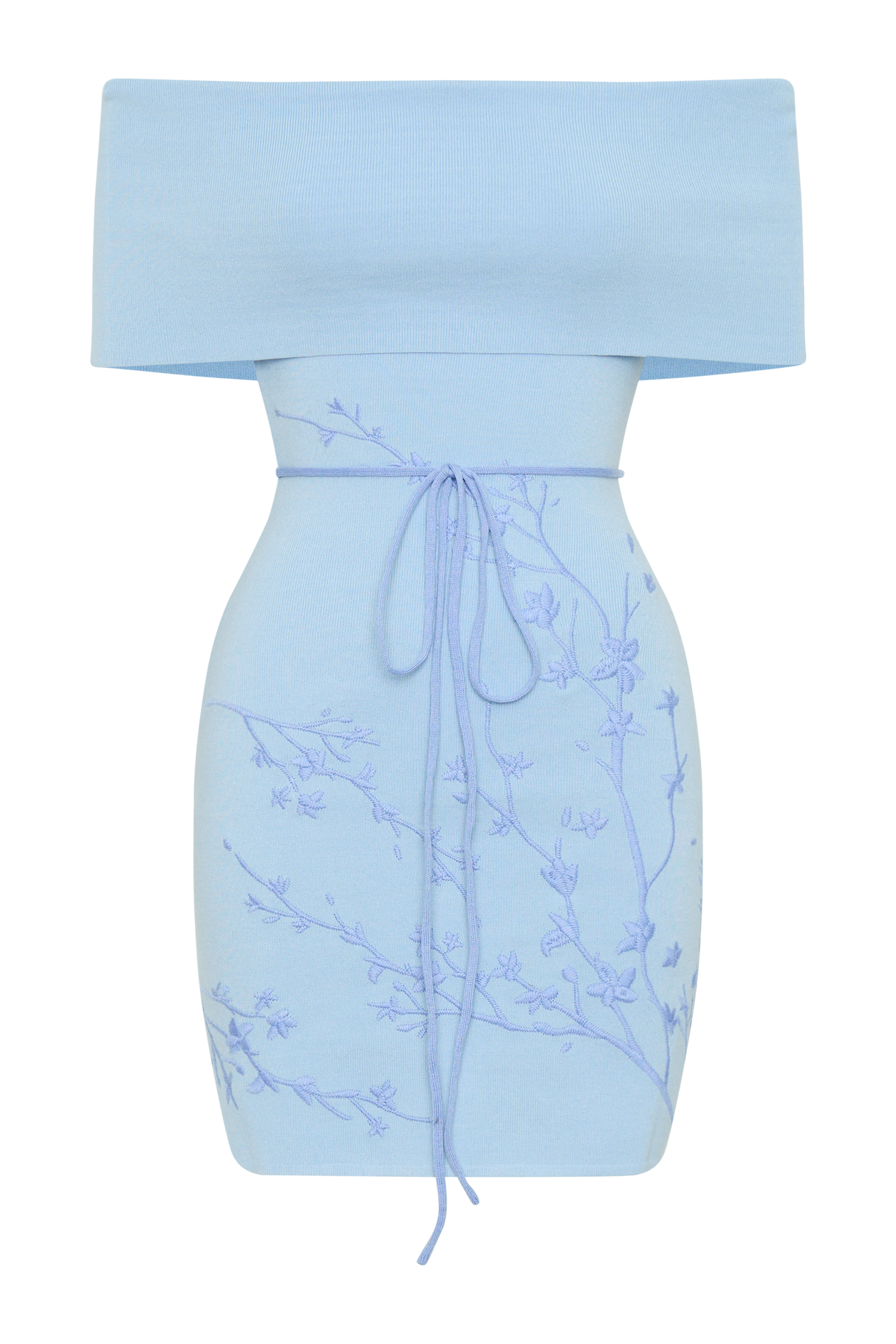 Mallory Off Shoulder Embroidered Knit Mini Dress - Ice Blue-My Chic Way.All Rights Reserved