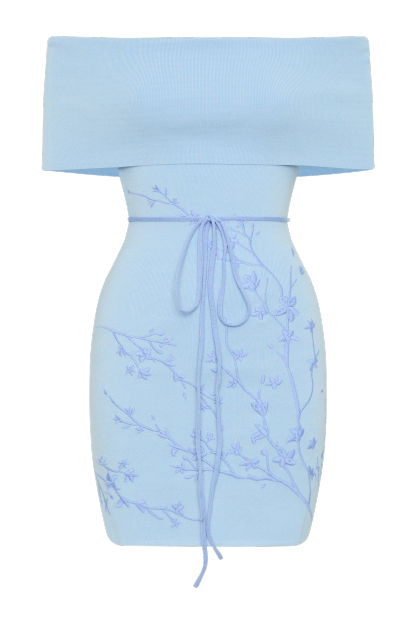 Mallory Off Shoulder Embroidered Knit Mini Dress - Ice Blue-My Chic Way.All Rights Reserved
