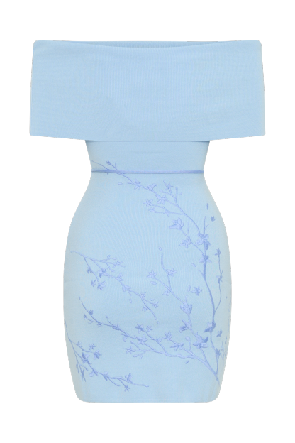 Mallory Off Shoulder Embroidered Knit Mini Dress - Ice Blue-My Chic Way.All Rights Reserved