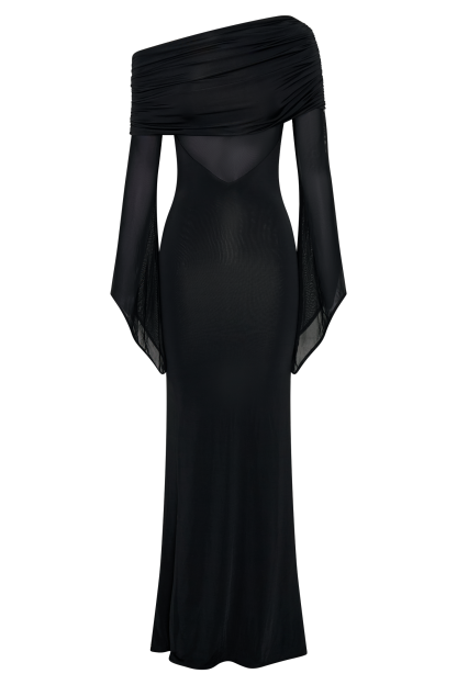 Kaitlin One Shoulder Slinky And Mesh Maxi Dress - Black-My Chic Way.All Rights Reserved