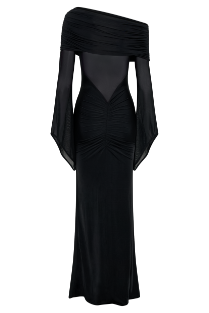 Kaitlin One Shoulder Slinky And Mesh Maxi Dress - Black-My Chic Way.All Rights Reserved