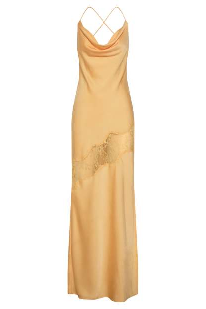 Chandra Lace Detail Satin Maxi Dress - Lemon-My Chic Way.All Rights Reserved