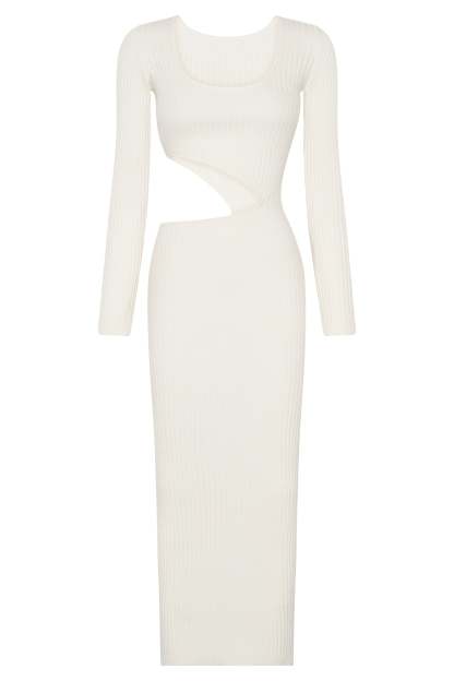 Gaia Cut Out Asymmetric Knitted Midi Dress - White-My Chic Way.All Rights Reserved