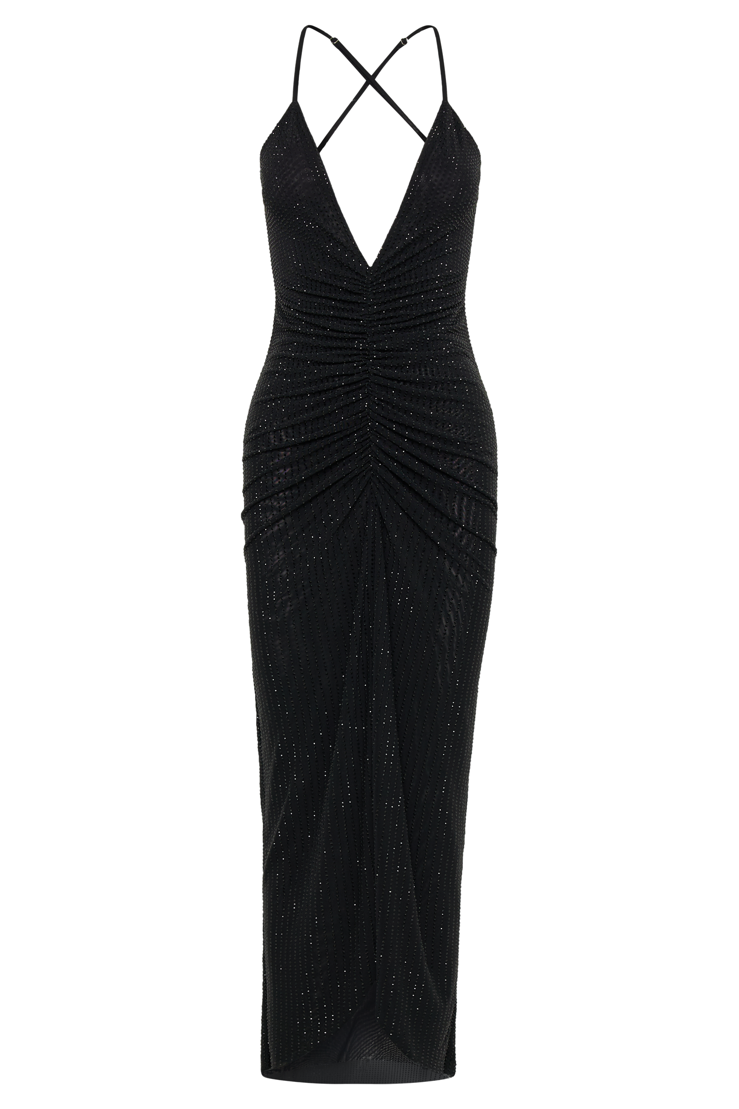 Emeraude Diamante Ruched Midi Dress - Black-My Chic Way.All Rights Reserved