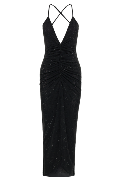 Emeraude Diamante Ruched Midi Dress - Black-My Chic Way.All Rights Reserved