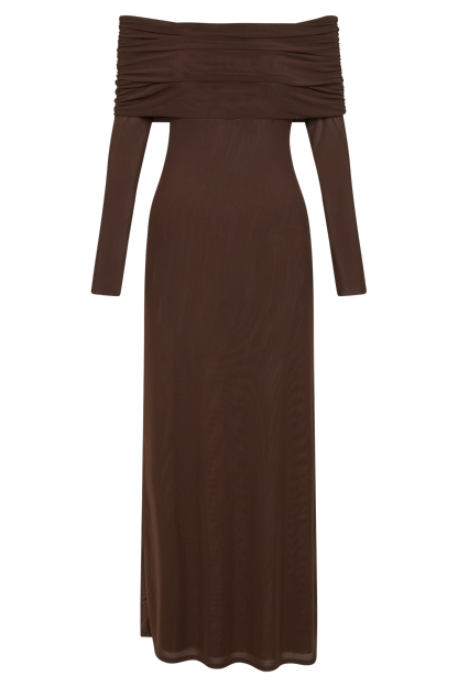 Josie Off Shoulder Mesh Maxi Dress - Dark Brown-My Chic Way.All Rights Reserved