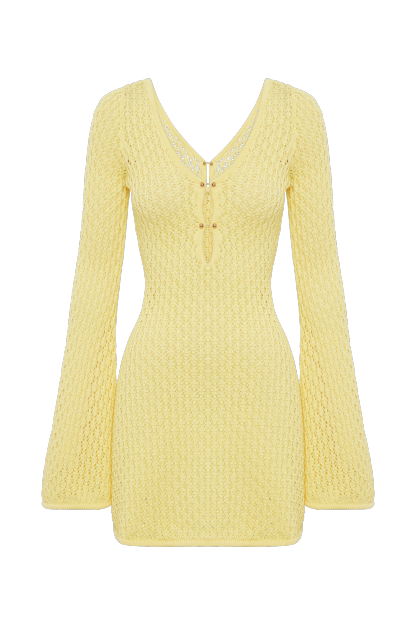 Kayleigh Crochet Knit Mini Dress - Lemon-My Chic Way.All Rights Reserved