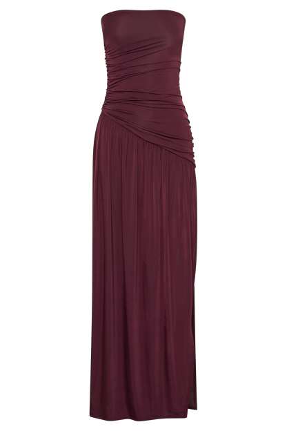 Bex Strapless Slinky Maxi Dress With Split - Burgundy-My Chic Way.All Rights Reserved