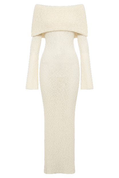 Marisol Off Shoulder Boucle Maxi Dress - Ivory-My Chic Way.All Rights Reserved