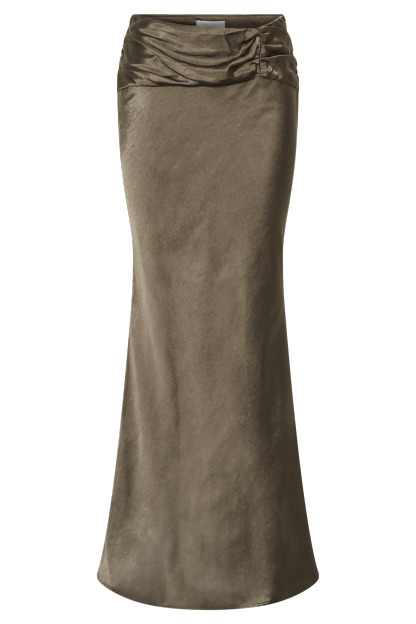 Khalani Ruched Satin Maxi Skirt - Khaki-My Chic Way.All Rights Reserved