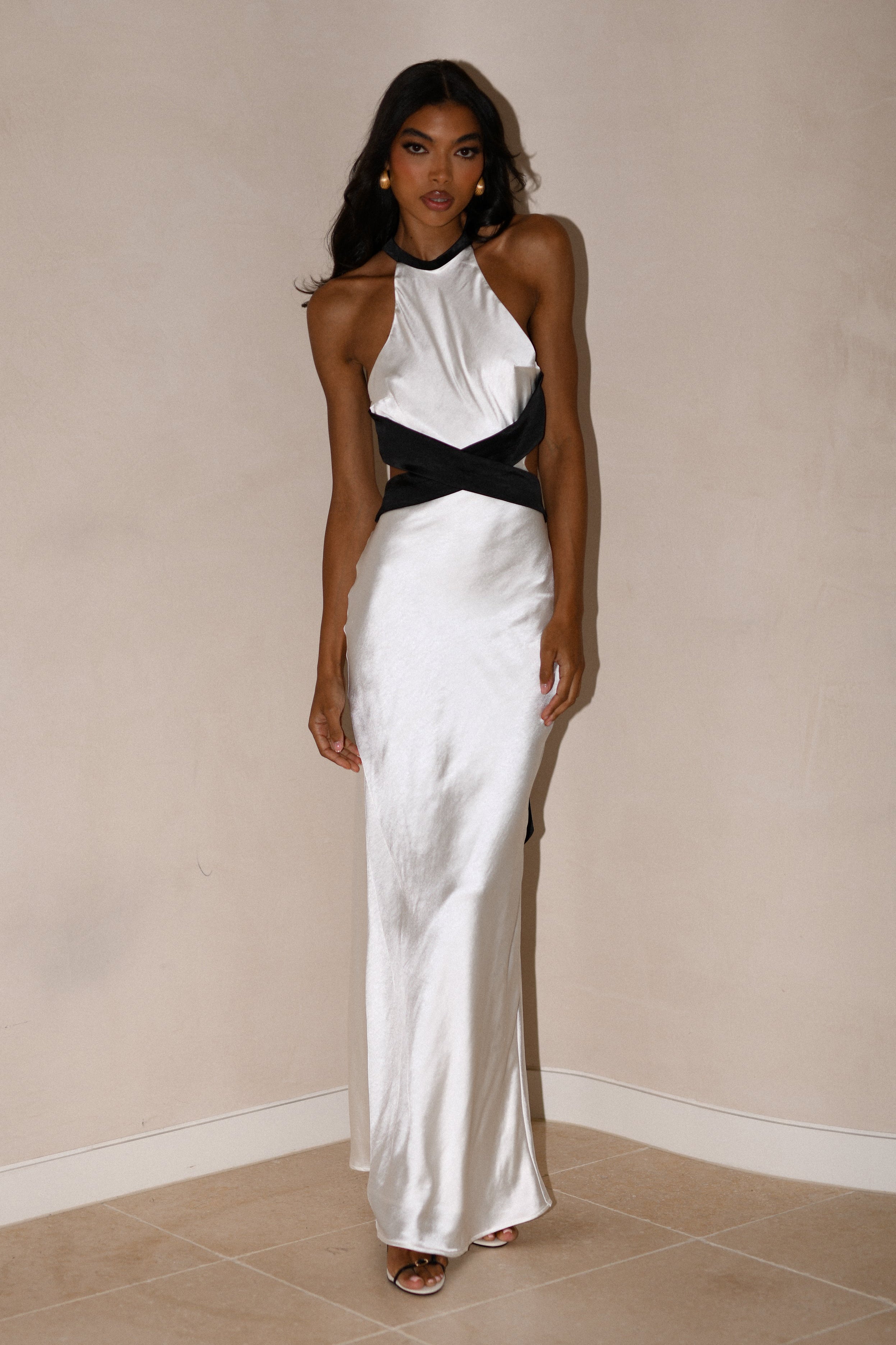 Nalani Satin Halter Maxi Dress - Black/White-My Chic Way.All Rights Reserved