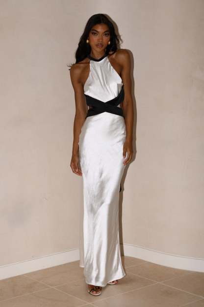 Nalani Satin Halter Maxi Dress - Black/White-My Chic Way.All Rights Reserved