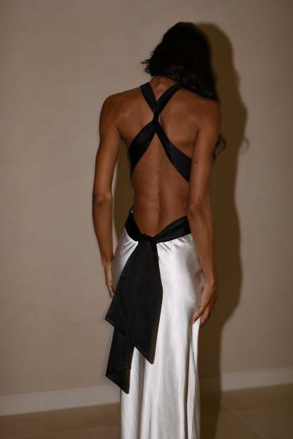 Nalani Satin Halter Maxi Dress - Black/White-My Chic Way.All Rights Reserved