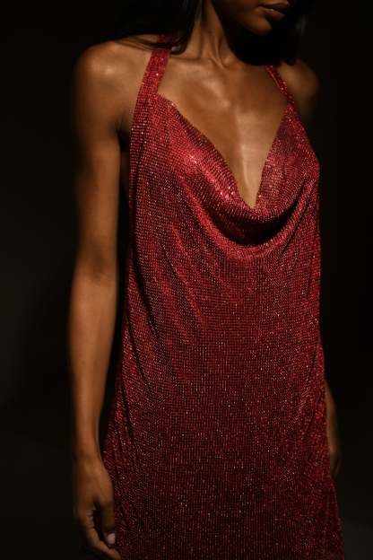 Meilani Low Back Diamante Mesh Mini Dress - Red-My Chic Way.All Rights Reserved