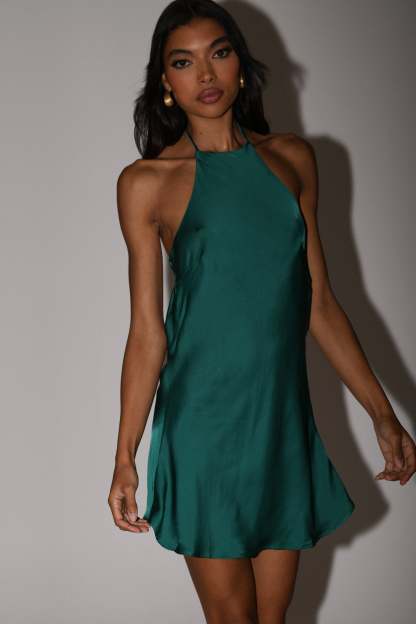 Atlas Satin Bow Mini Dress - Emerald-My Chic Way.All Rights Reserved
