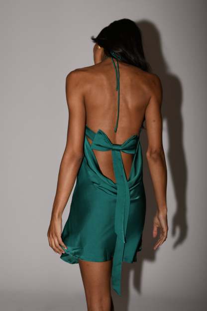 Atlas Satin Bow Mini Dress - Emerald-My Chic Way.All Rights Reserved