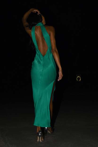 Claire Satin Drape Back Maxi Dress with Split - Green-My Chic Way.All Rights Reserved
