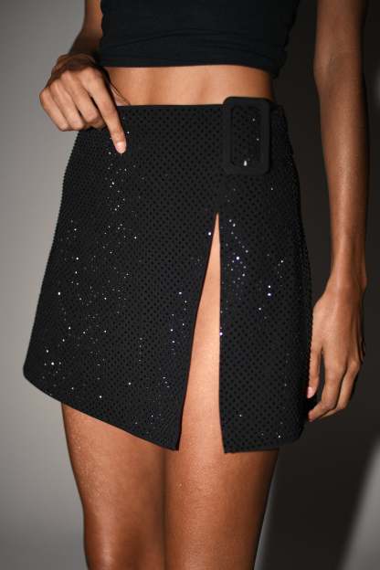 Sacha Diamante Mini Skirt With Split - Black-My Chic Way.All Rights Reserved