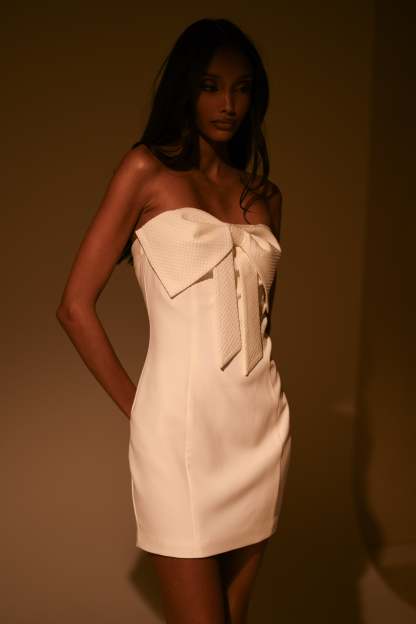 Saoirse Strapless Mini Dress With Diamante Bow - White-My Chic Way.All Rights Reserved
