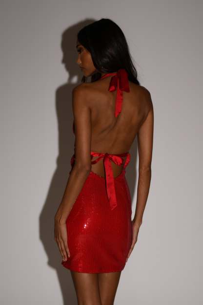 Carleigh Sequin Halter Mini Dress - Red-My Chic Way.All Rights Reserved