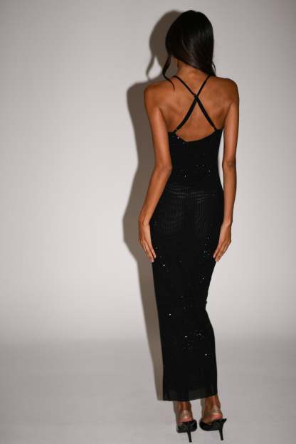 Emeraude Diamante Ruched Midi Dress - Black-My Chic Way.All Rights Reserved