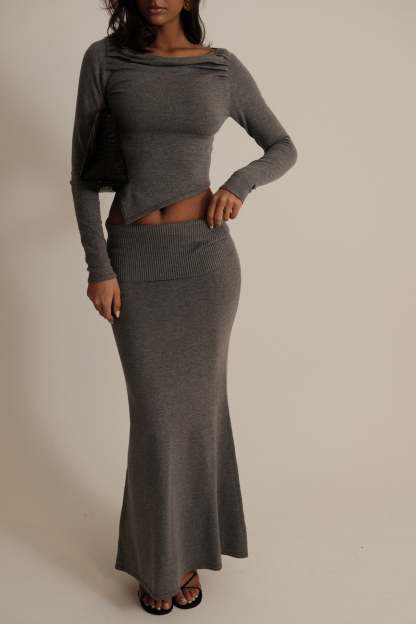 Karlie Knit Maxi Skirt With Ribbed Waist - Charcoal Marle-My Chic Way.All Rights Reserved