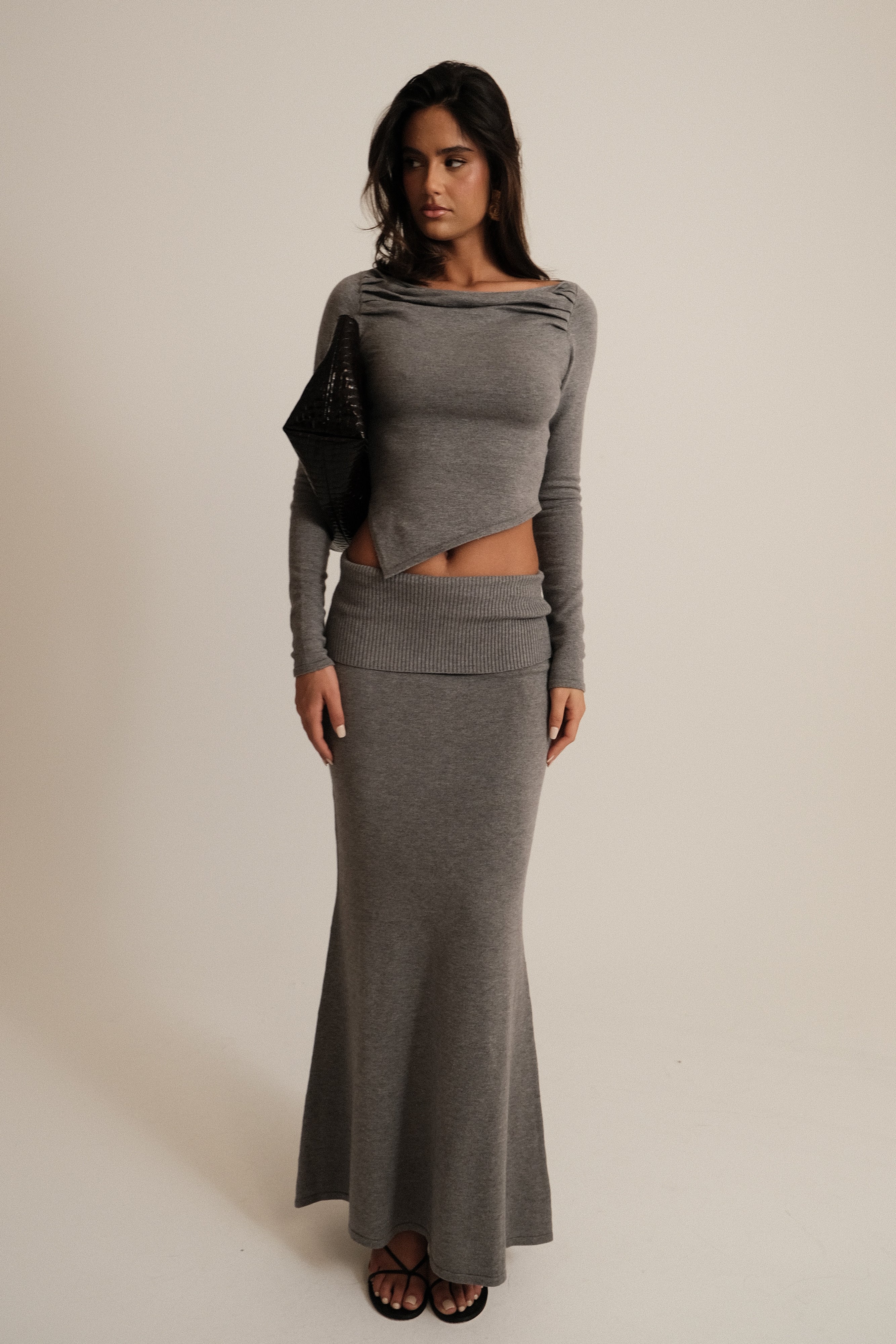 Karlie Knit Maxi Skirt With Ribbed Waist - Charcoal Marle-My Chic Way.All Rights Reserved
