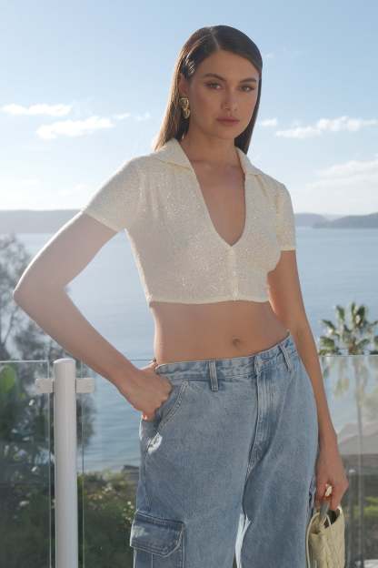 Huntley Sequin Knit Crop Top - Lemon-My Chic Way.All Rights Reserved