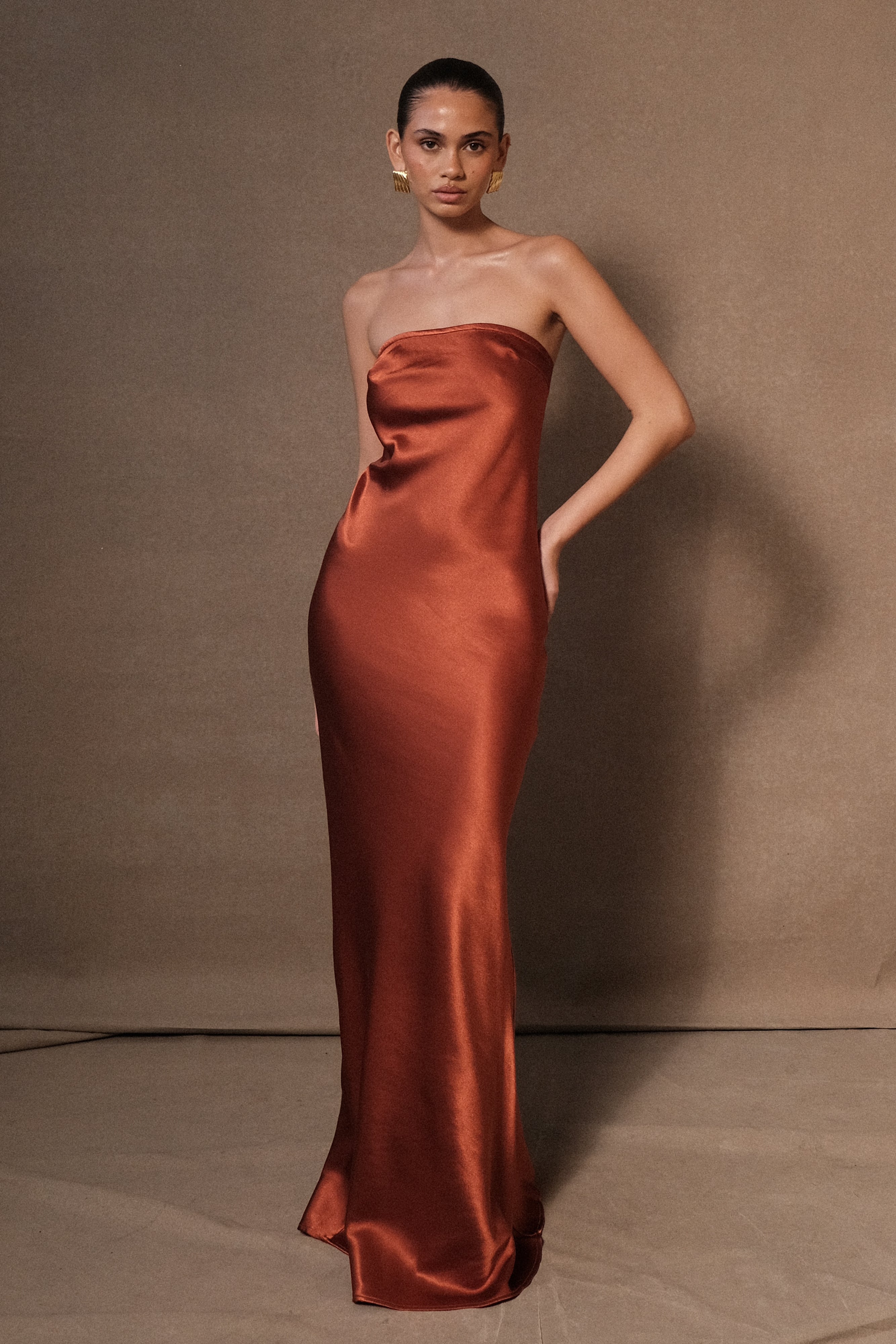 Claudette Strapless Satin Maxi Dress - Burnt Orange-My Chic Way.All Rights Reserved