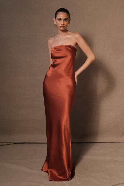 Claudette Strapless Satin Maxi Dress - Burnt Orange-My Chic Way.All Rights Reserved
