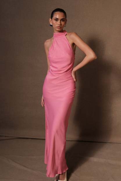 Claire Satin Drape Back Maxi Dress with Split - Pink-My Chic Way.All Rights Reserved